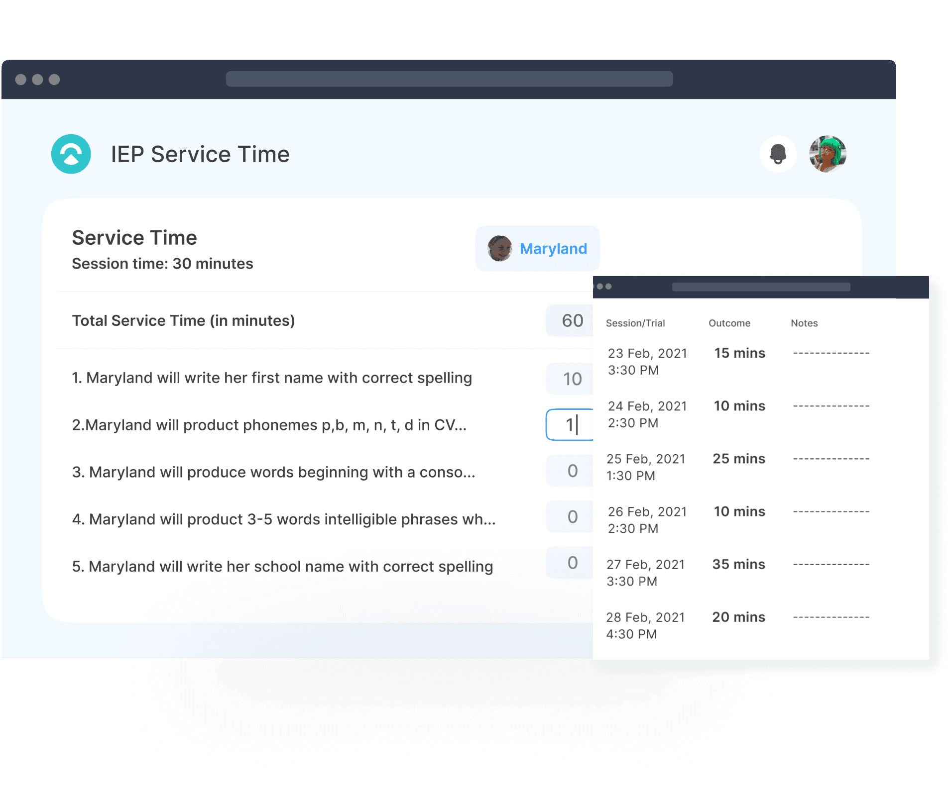 Automatic IEP Service Time tracking, both at Session and Goal level