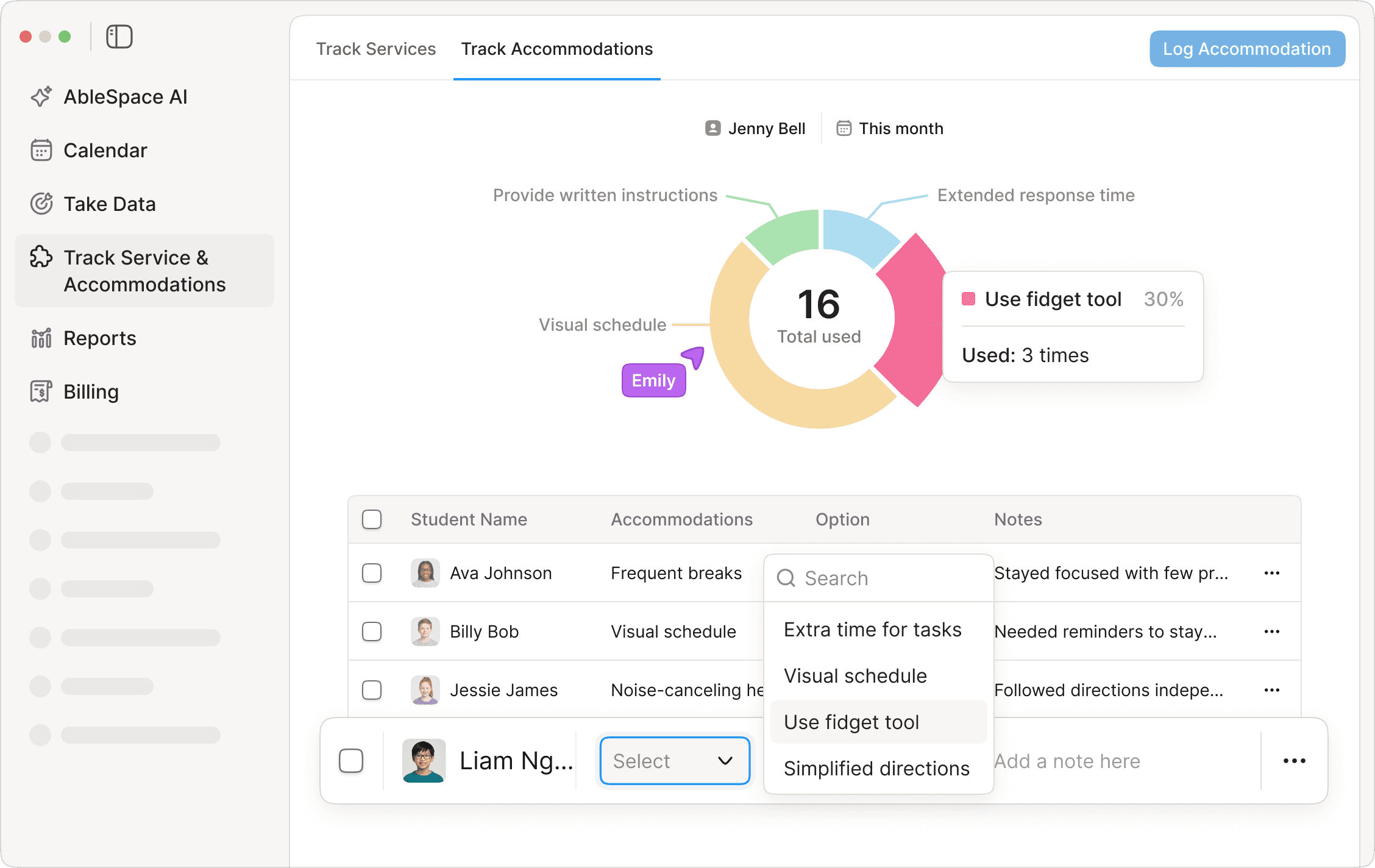 AbleSpace accommodations tracking table
