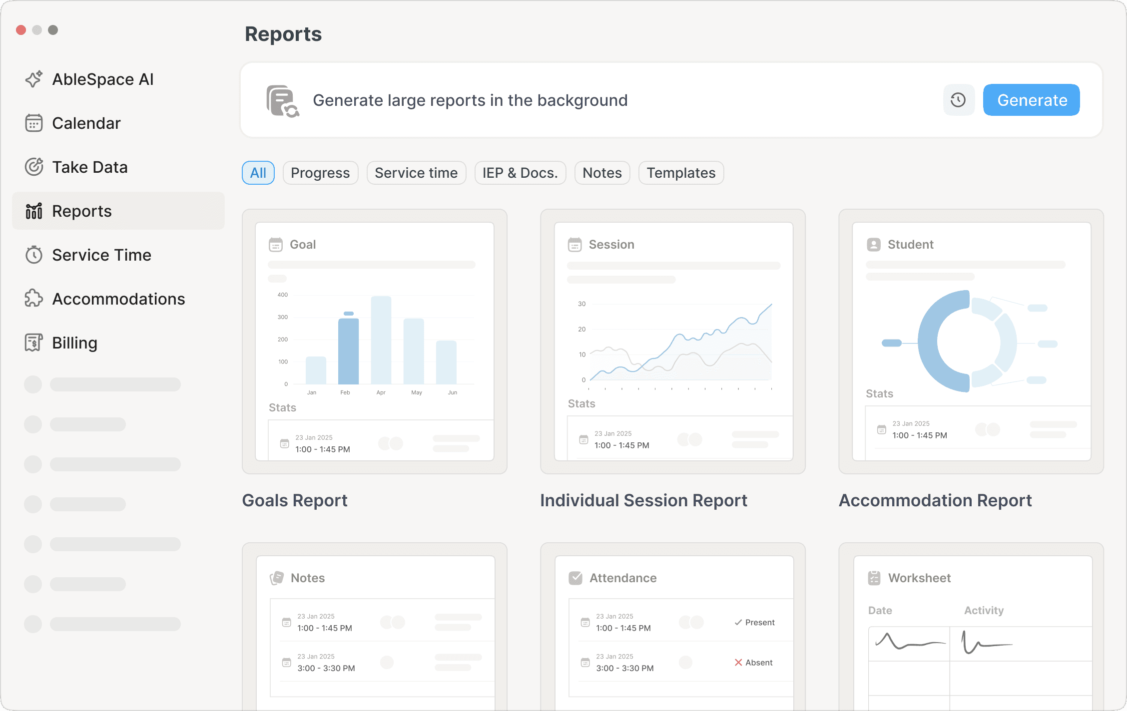 AbleSpace reports and graphs dashboard