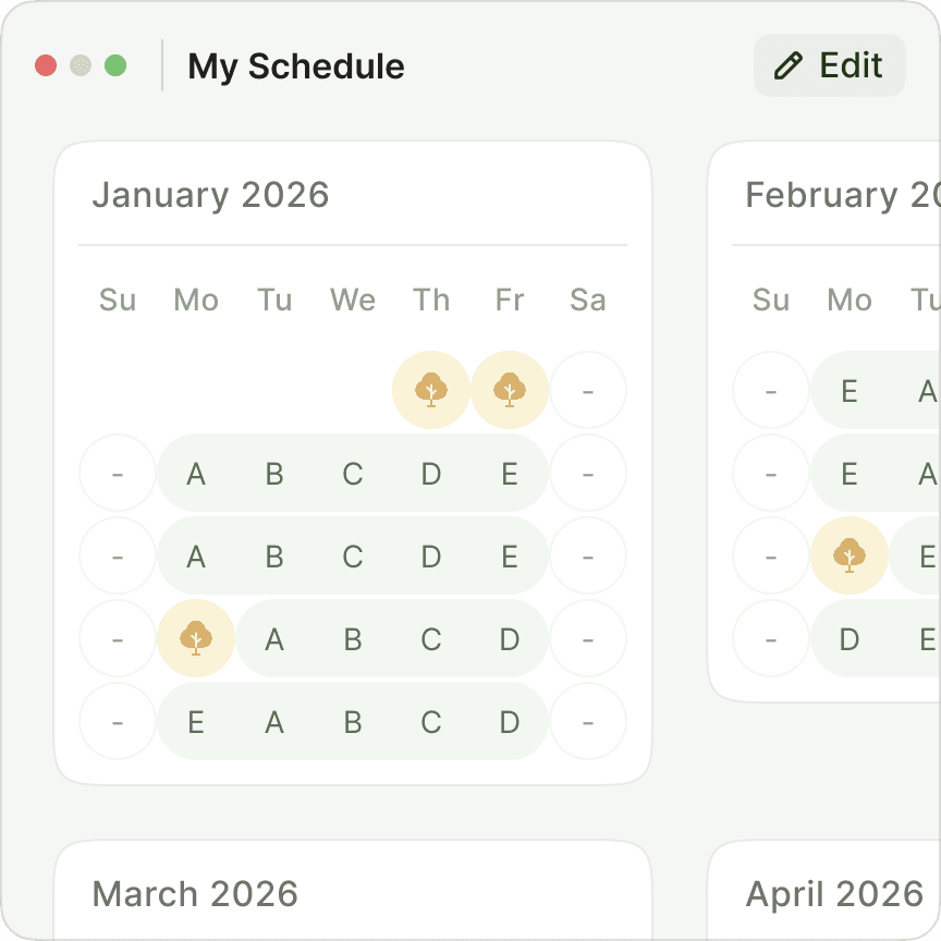 Rotating schedule cycle on a calendar