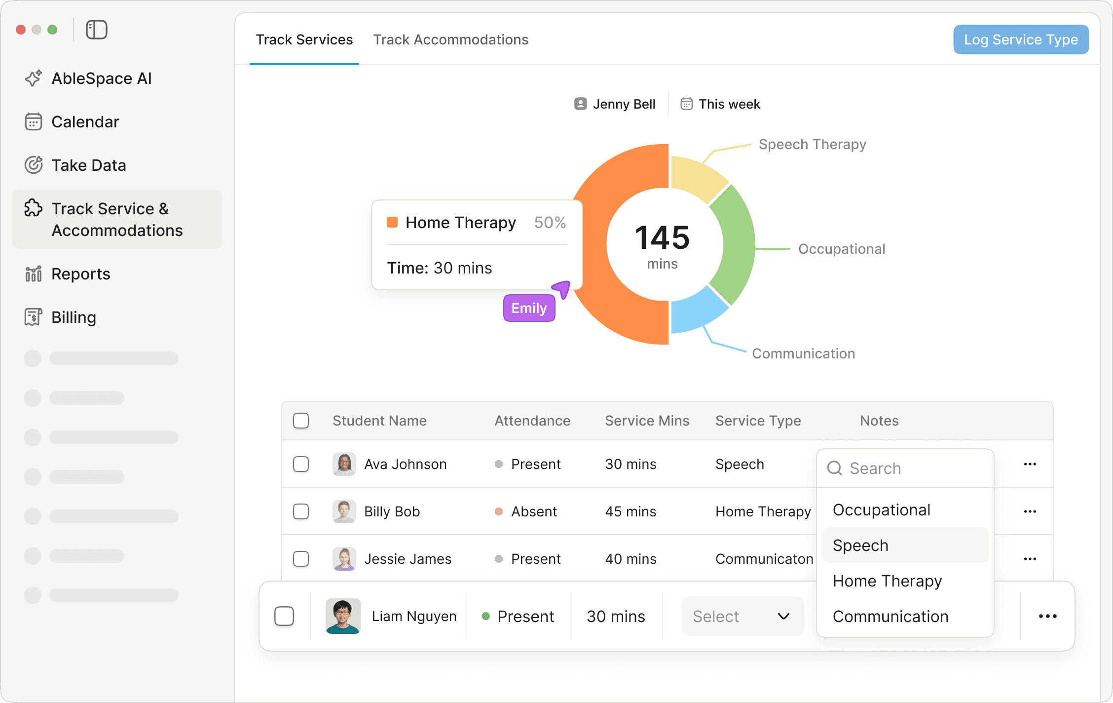 AbleSpace service time tracking dashboard