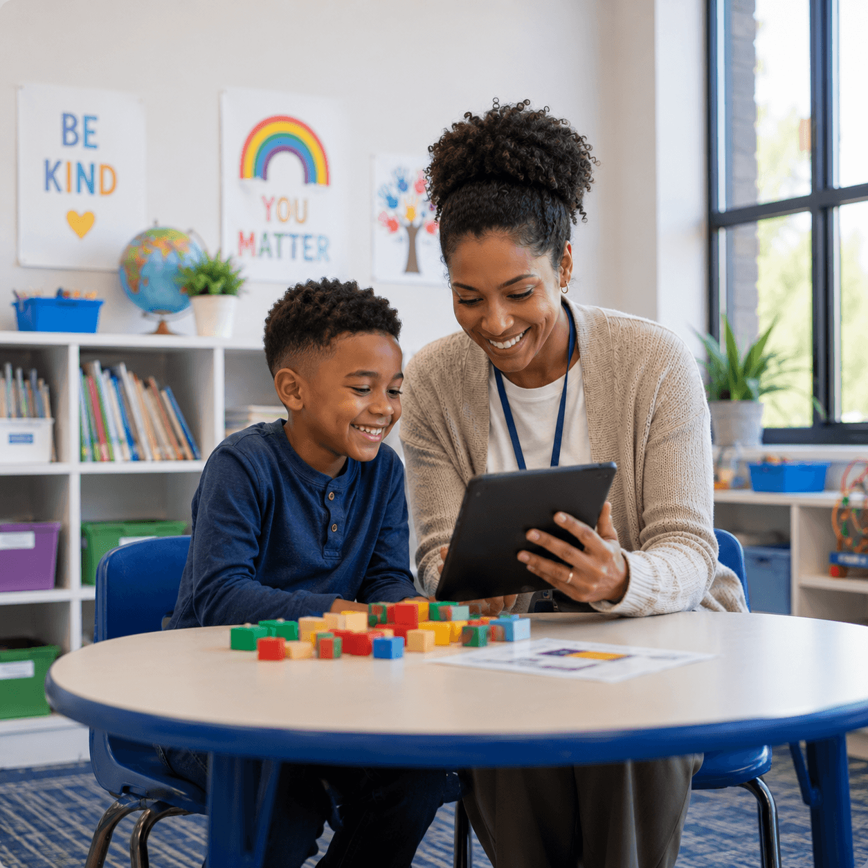 Special education teacher working one-on-one with a student using a tablet