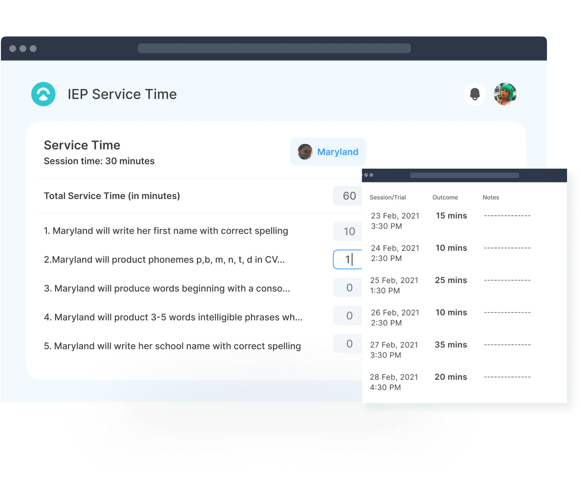 Automatic IEP Service Time tracking, both at Session and Goal level